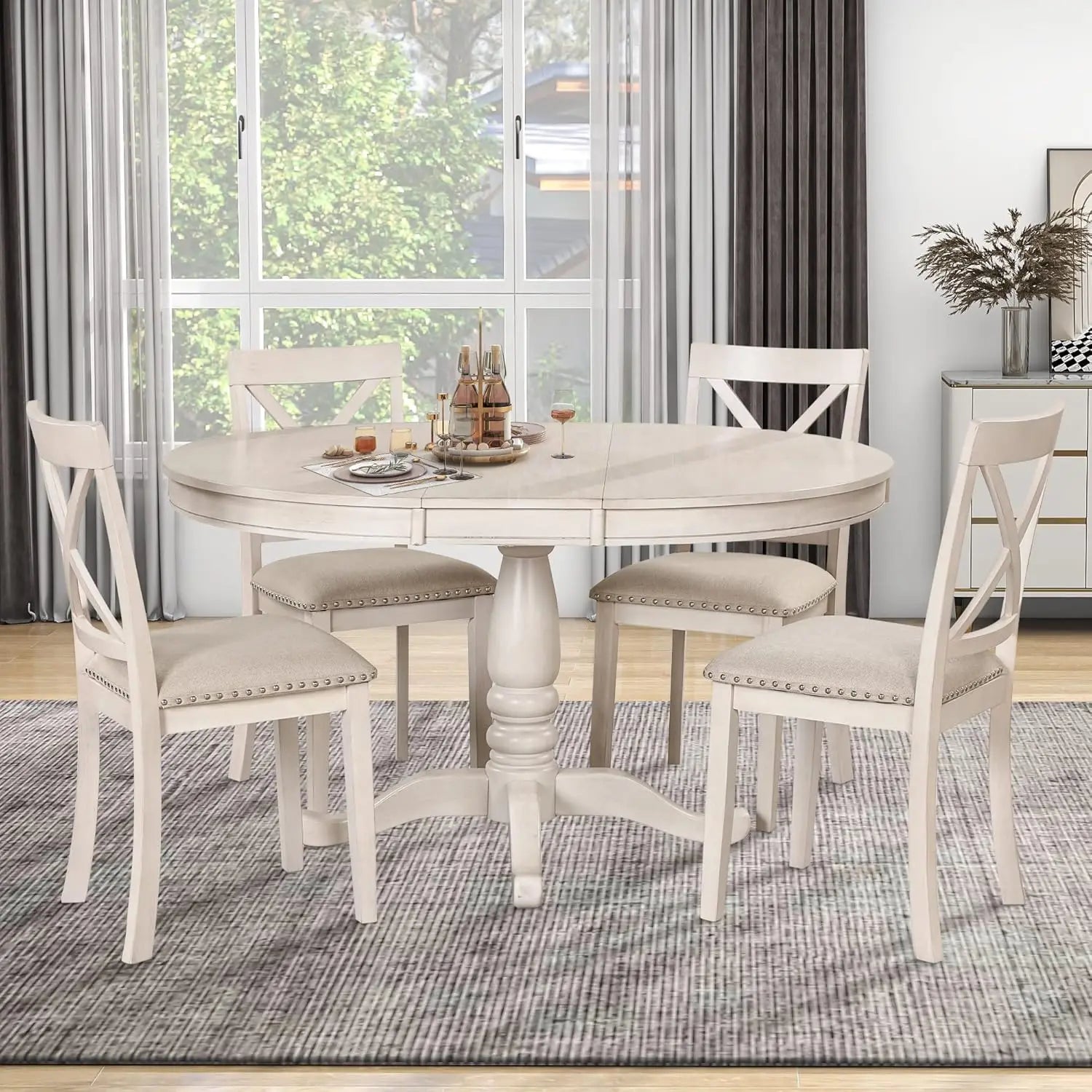 42-58" Farmhouse Set Extendable Wood w/4 Upholstered Chairs
