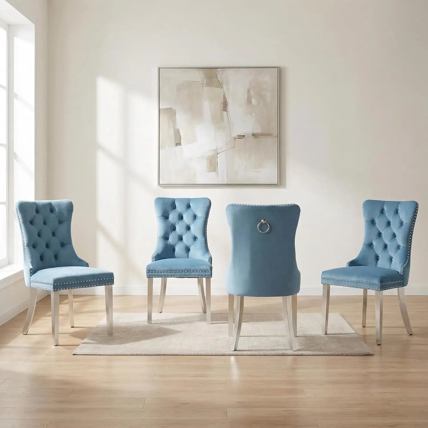 4 Modern Tufted Upholstered Beige Velvet