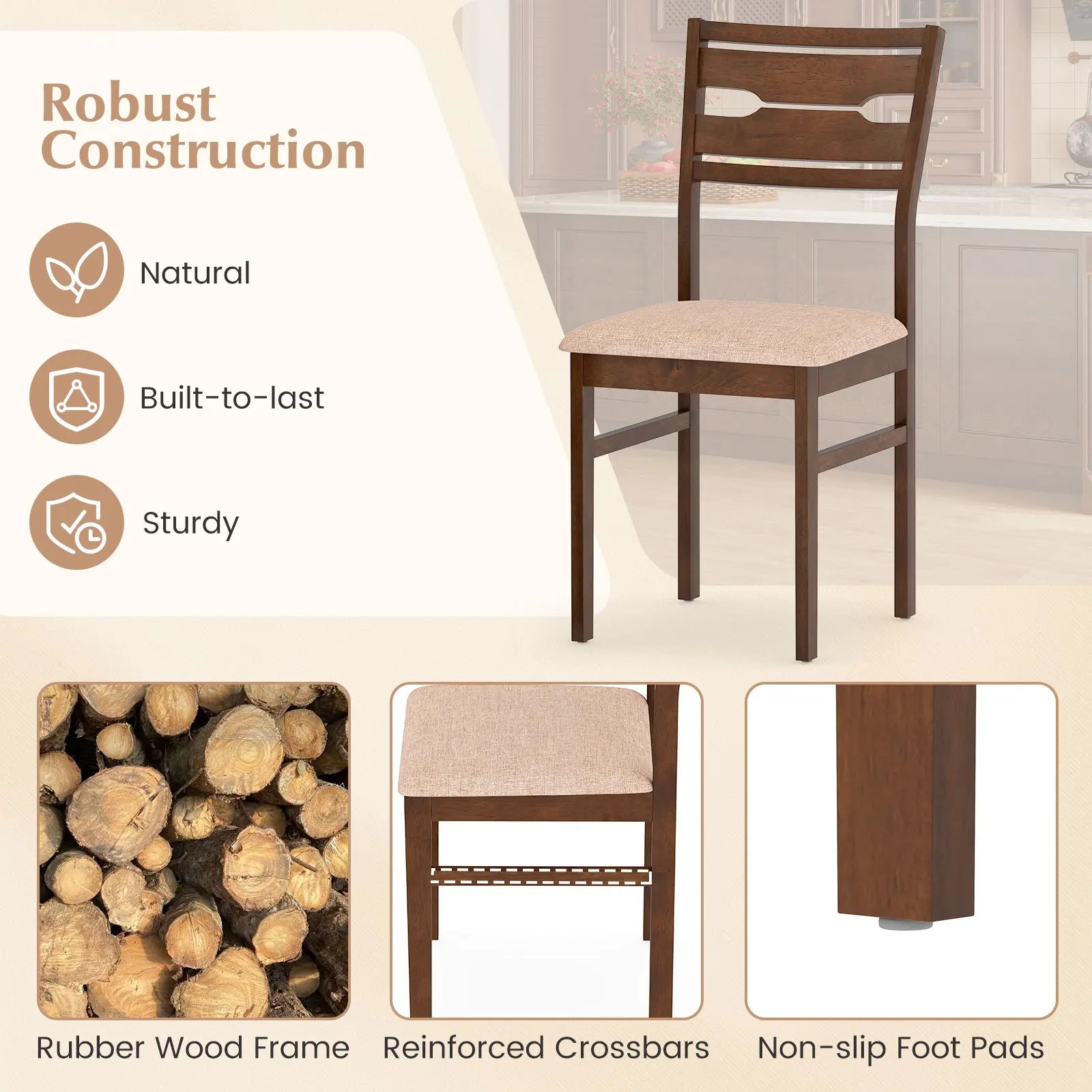 2 Rubber Wood Frame, Padded Seat