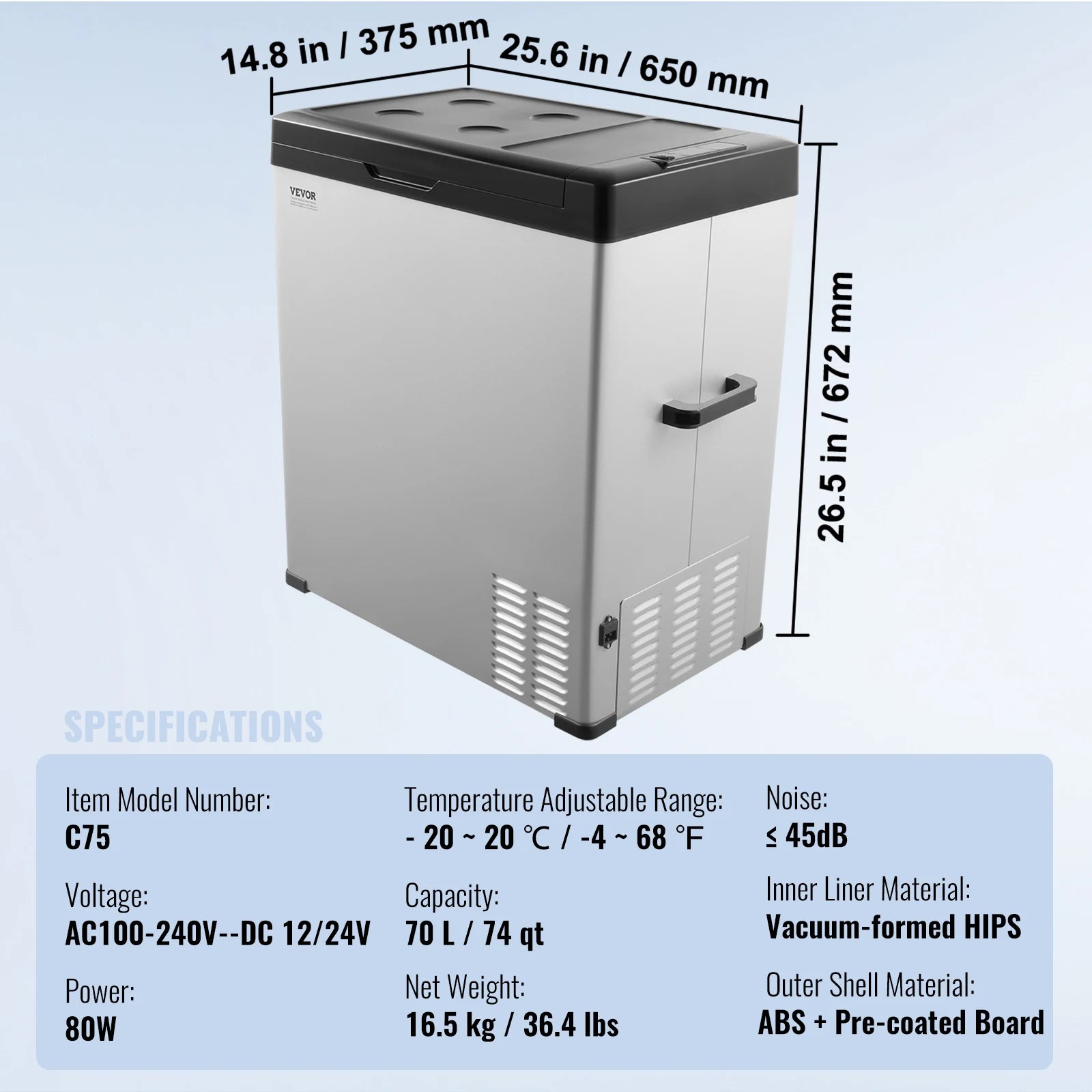 Car Refrigerator 12Volt 70L Single -4℉-68℉ Adjustable