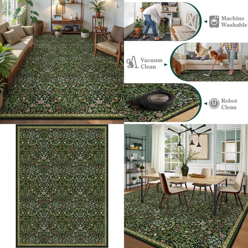 9x12 Washable Green Boho Botanical