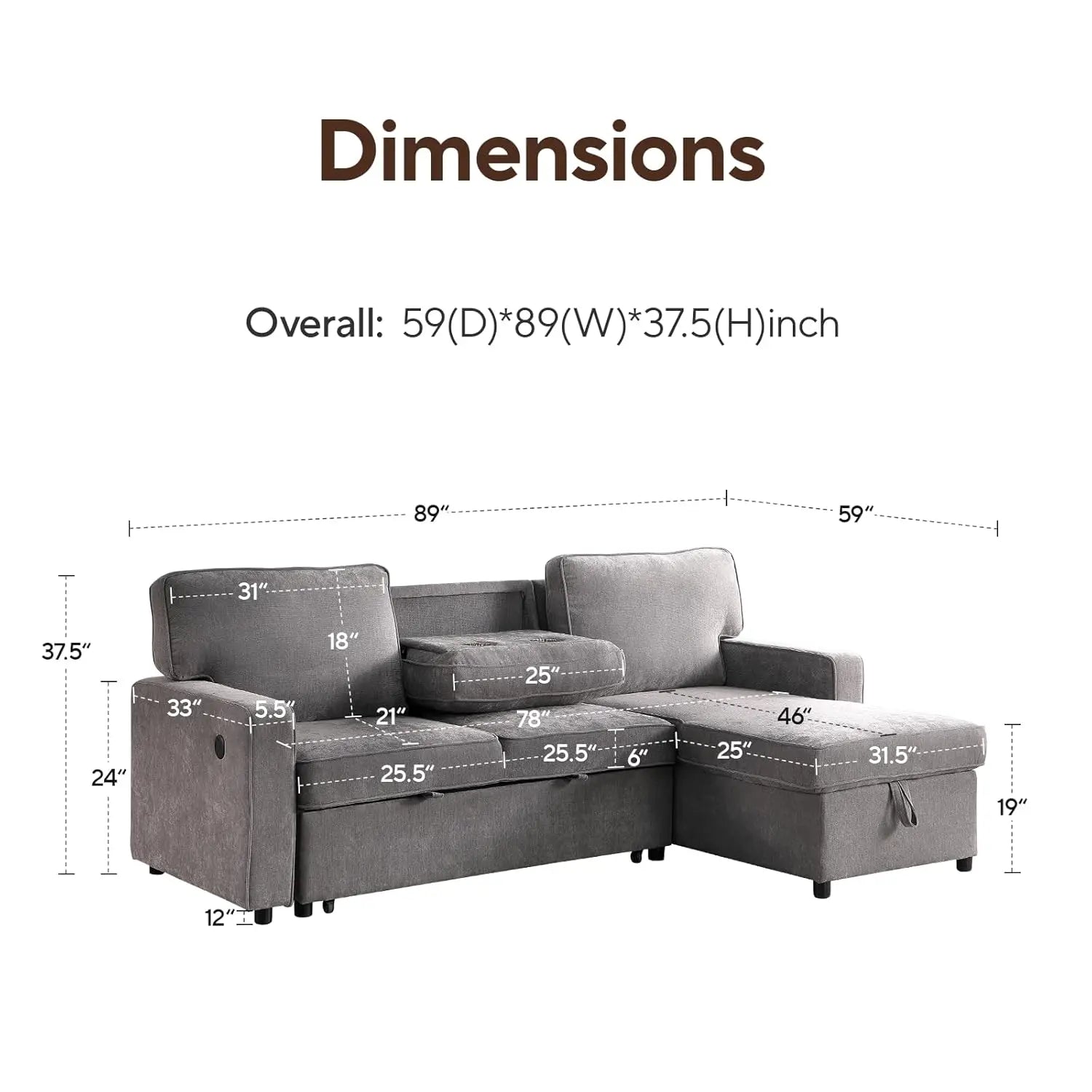 89" Sofa Bed Chenille Modern