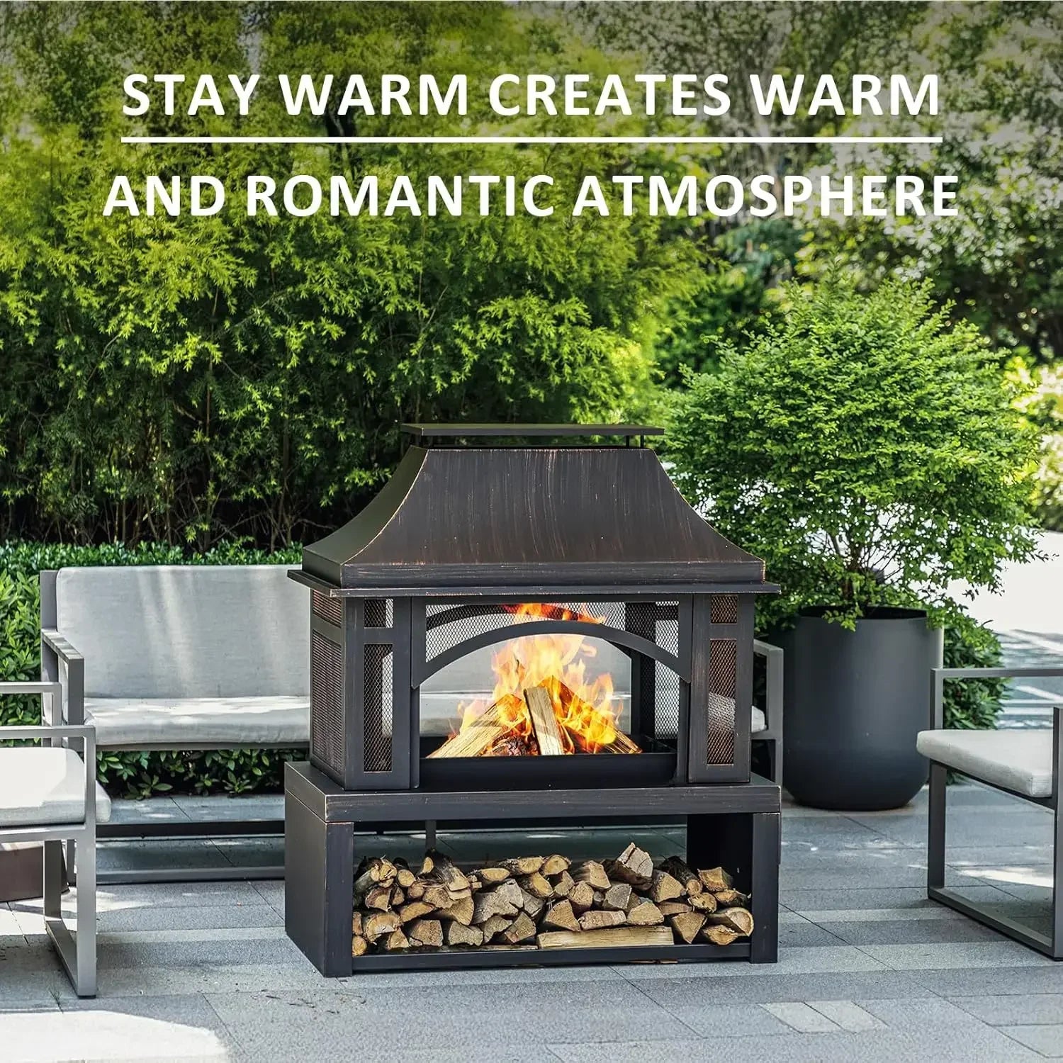 39" Fire Pits Wood Storage Outside, Chimney