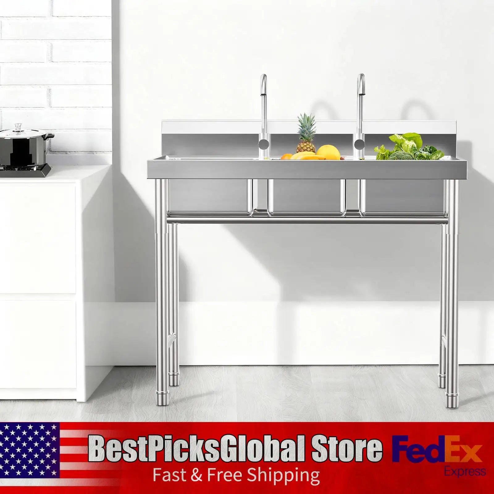 3-Compartment Stainless Commercial w/2 Faucets