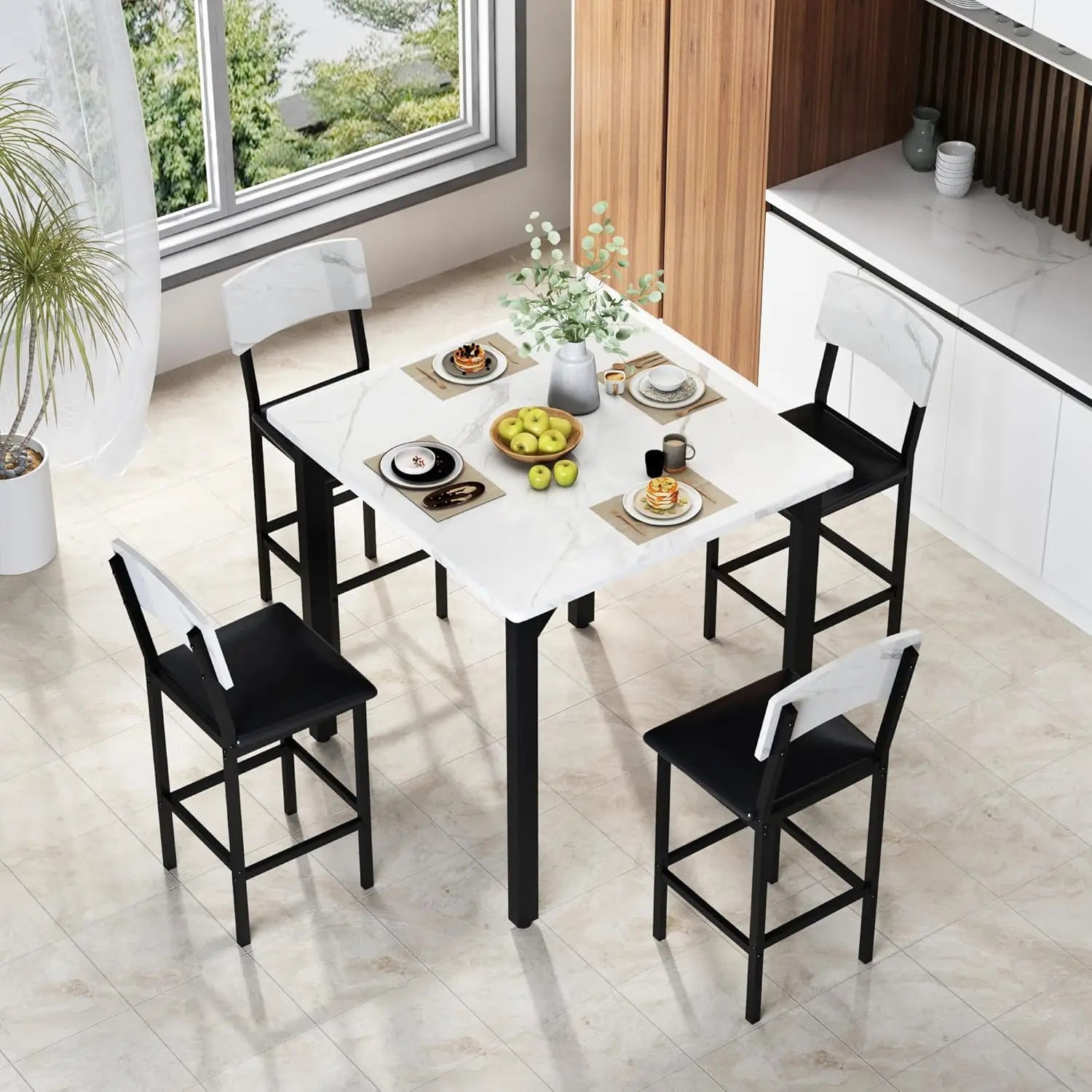 35.43" Counter Height Set Marble/4 Upholstered Bar Stools