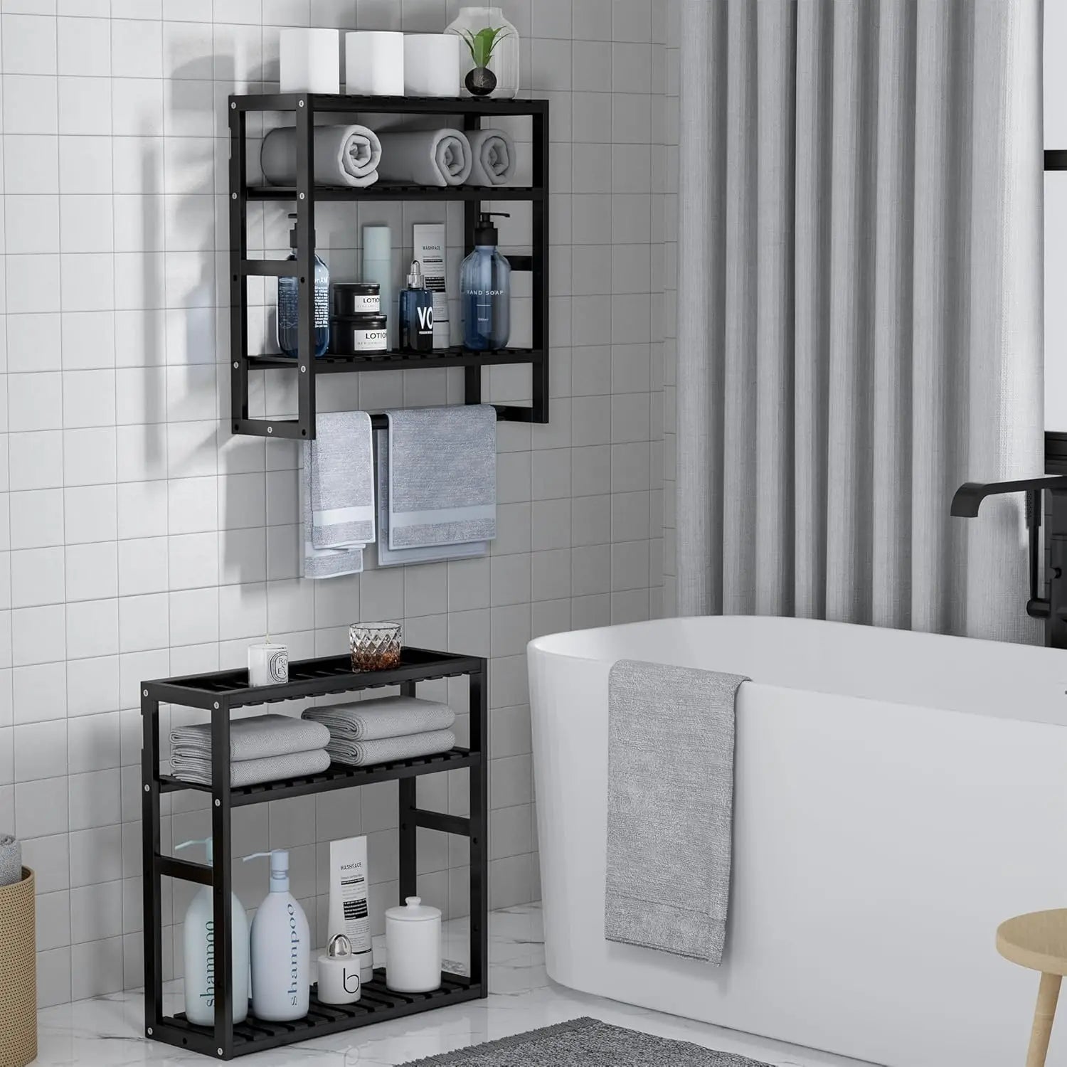 Bamboo Towel Rack w/Adjustable Shelf