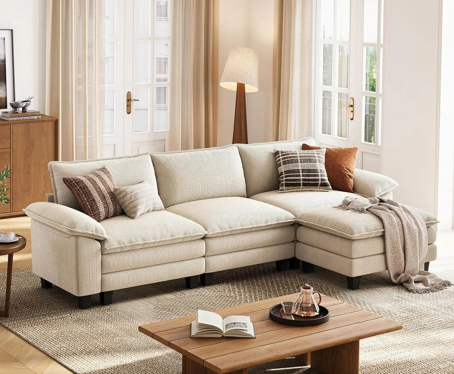 123'' Modular Sectional Green Corduroy