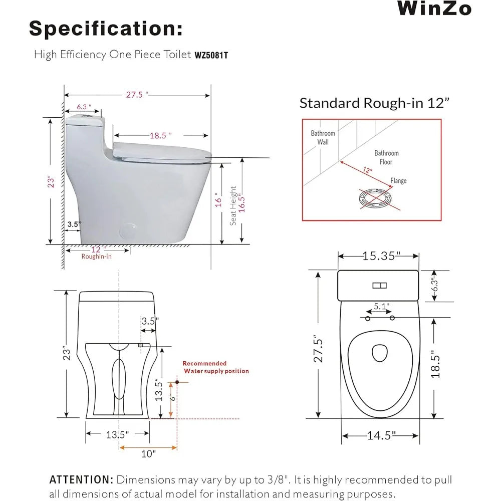 Toilet Elongated One Piece Dual Flush