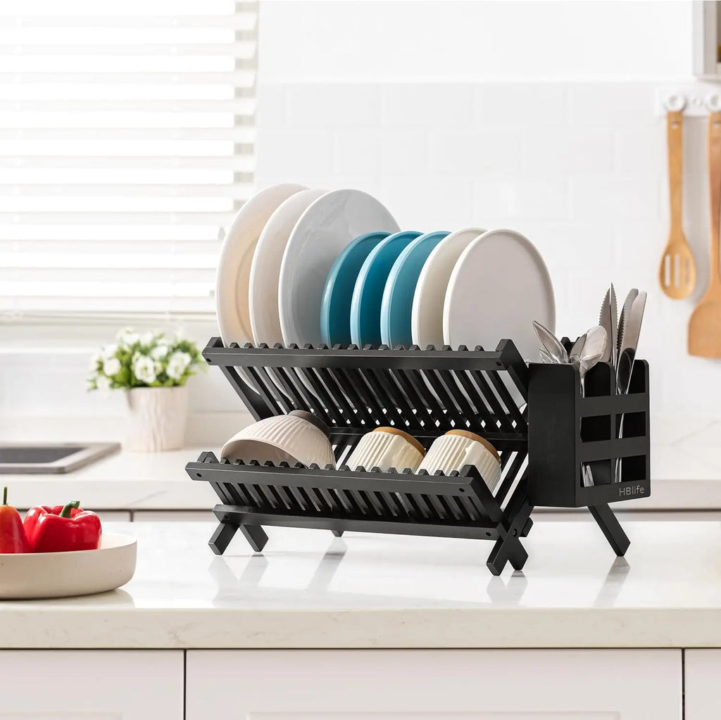 Bamboo Folding 2-Tier Dish Rack Collapsible