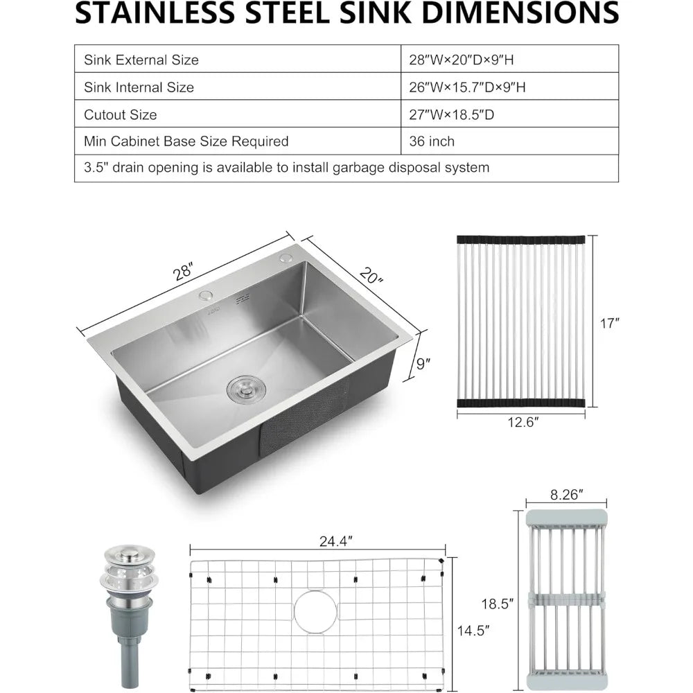 28 Inch Drop Single Bowl Stainless Topmount