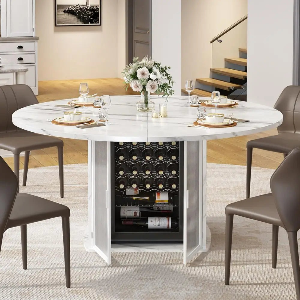 47" Round w/Storage White Faux Marble