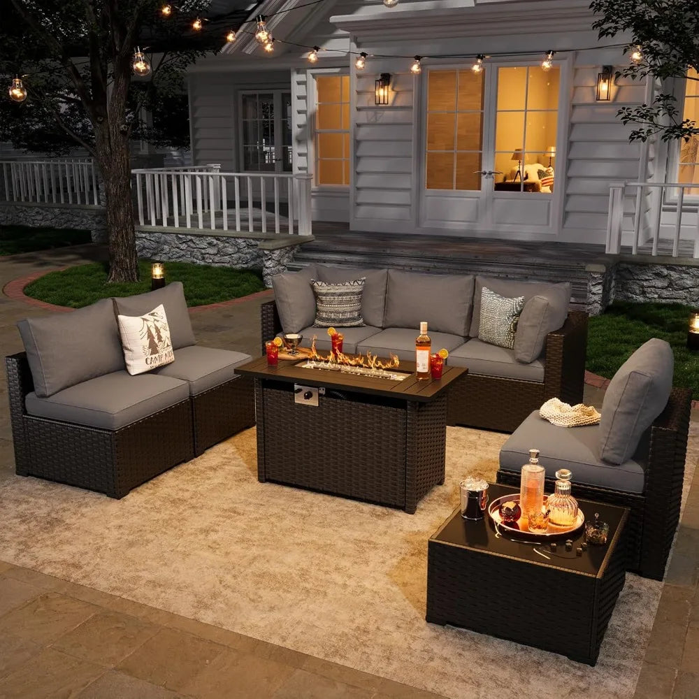 8-Piece Whicker Patio Set W/Fire Pit