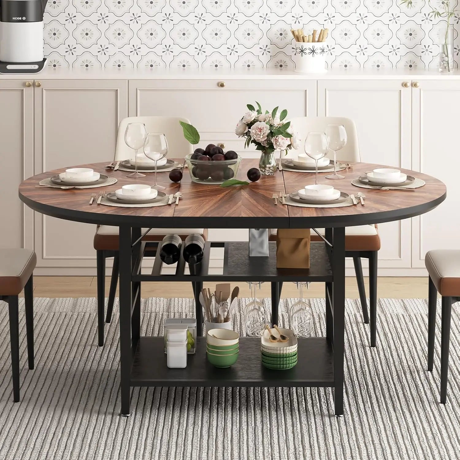 47.2"-63" Extendable Round Solid Wood & Metal