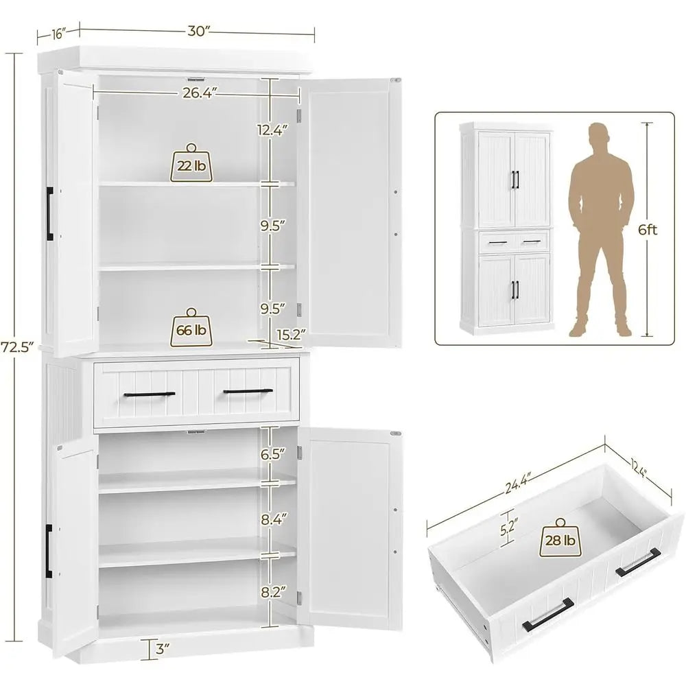 72.5" T White Pantry Cabinet 4 Doors & 2 Adjustable Shelves