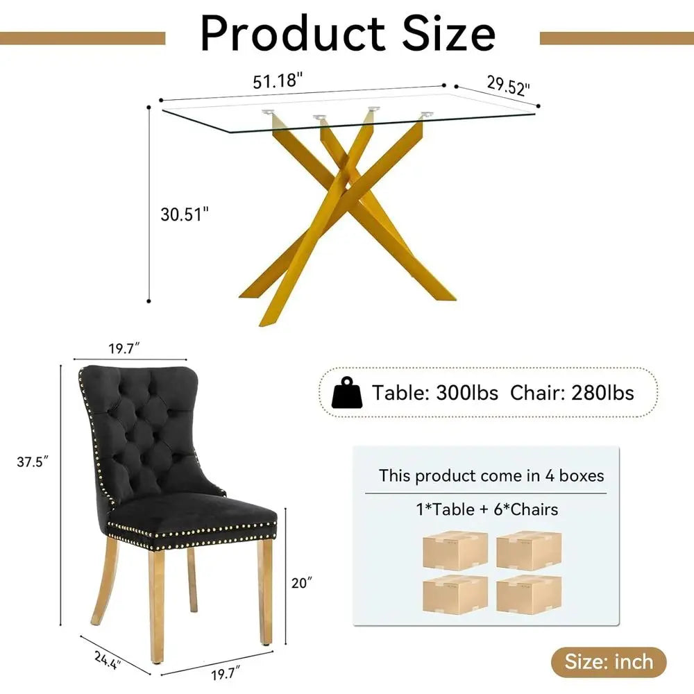 51x29" -7-Piece Glass Set w/6 Black Tuxedo Chairs