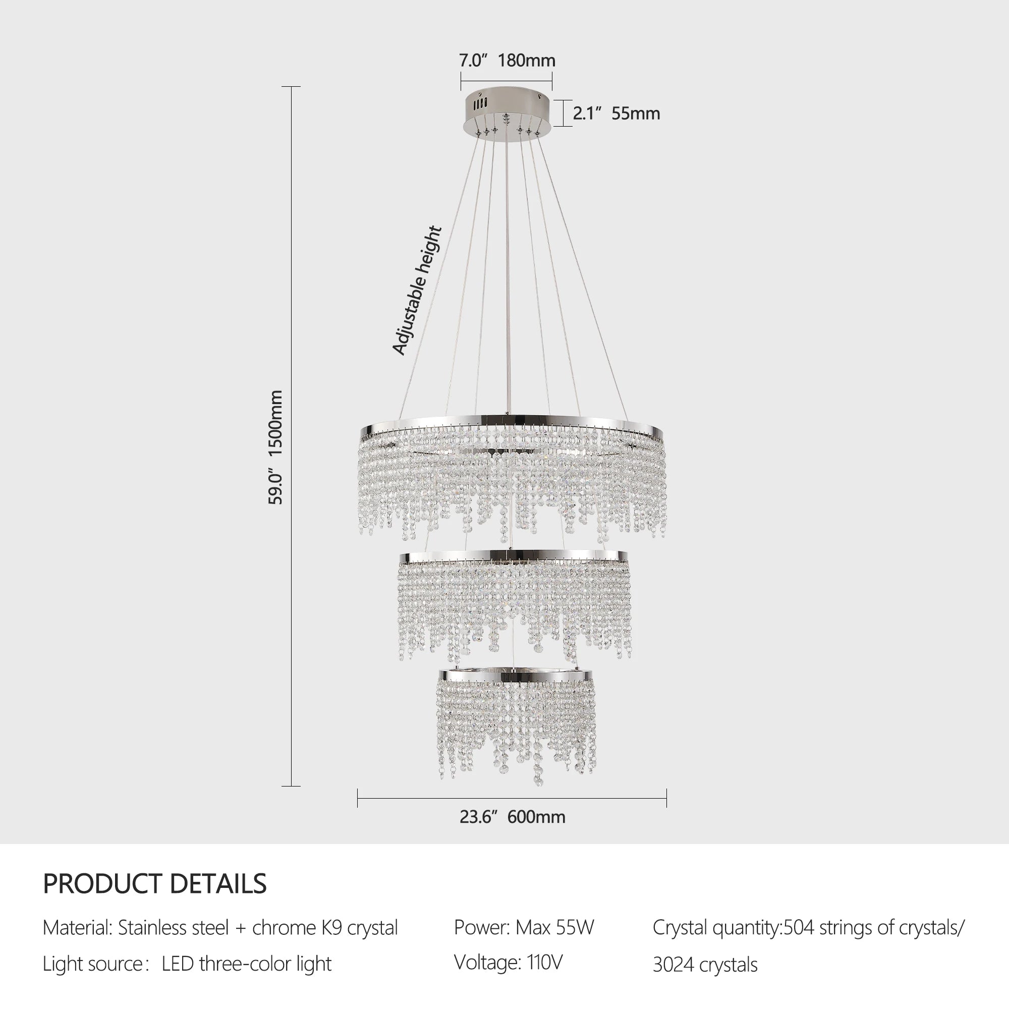 Luxury Round 23.6" Crystal Chandelier