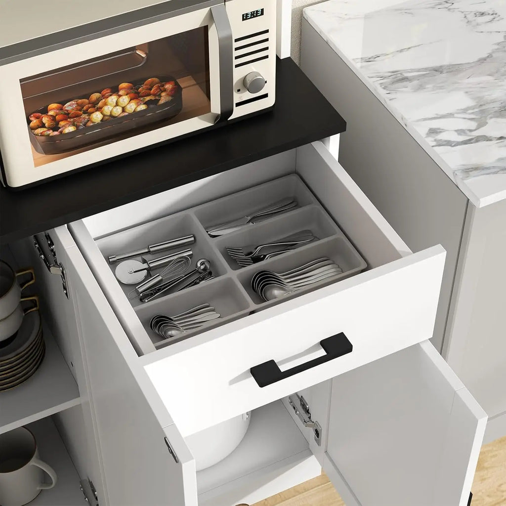 71" Kitchen Pantry Cabinet, Charging Station, Microwave Shelf