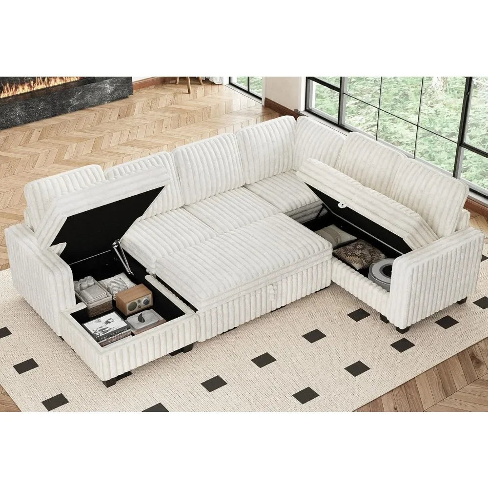 Corduroy Sleeper Sofa Bed w/Storage & Chaise