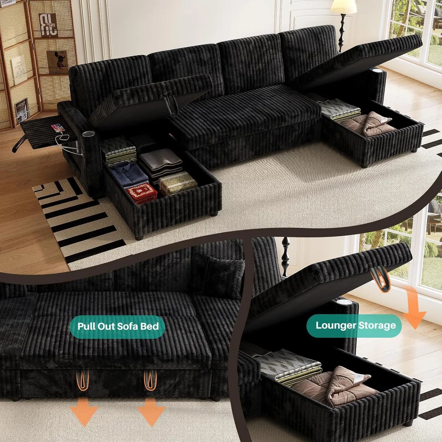 Sleeper Sectional Sofa, 110" Modern U