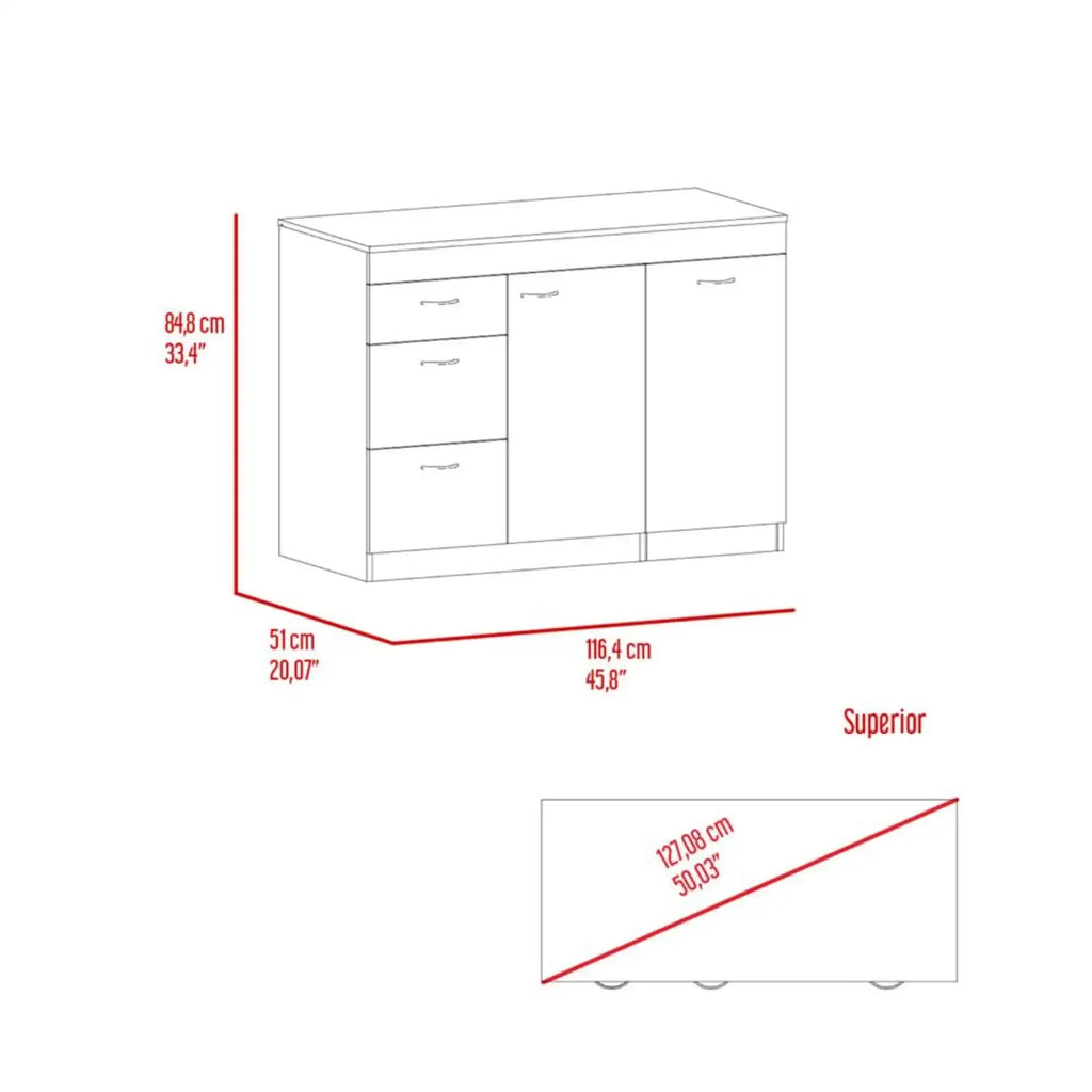 Kitchen Base Cabinet Three Drawers, White/Dark Walnut