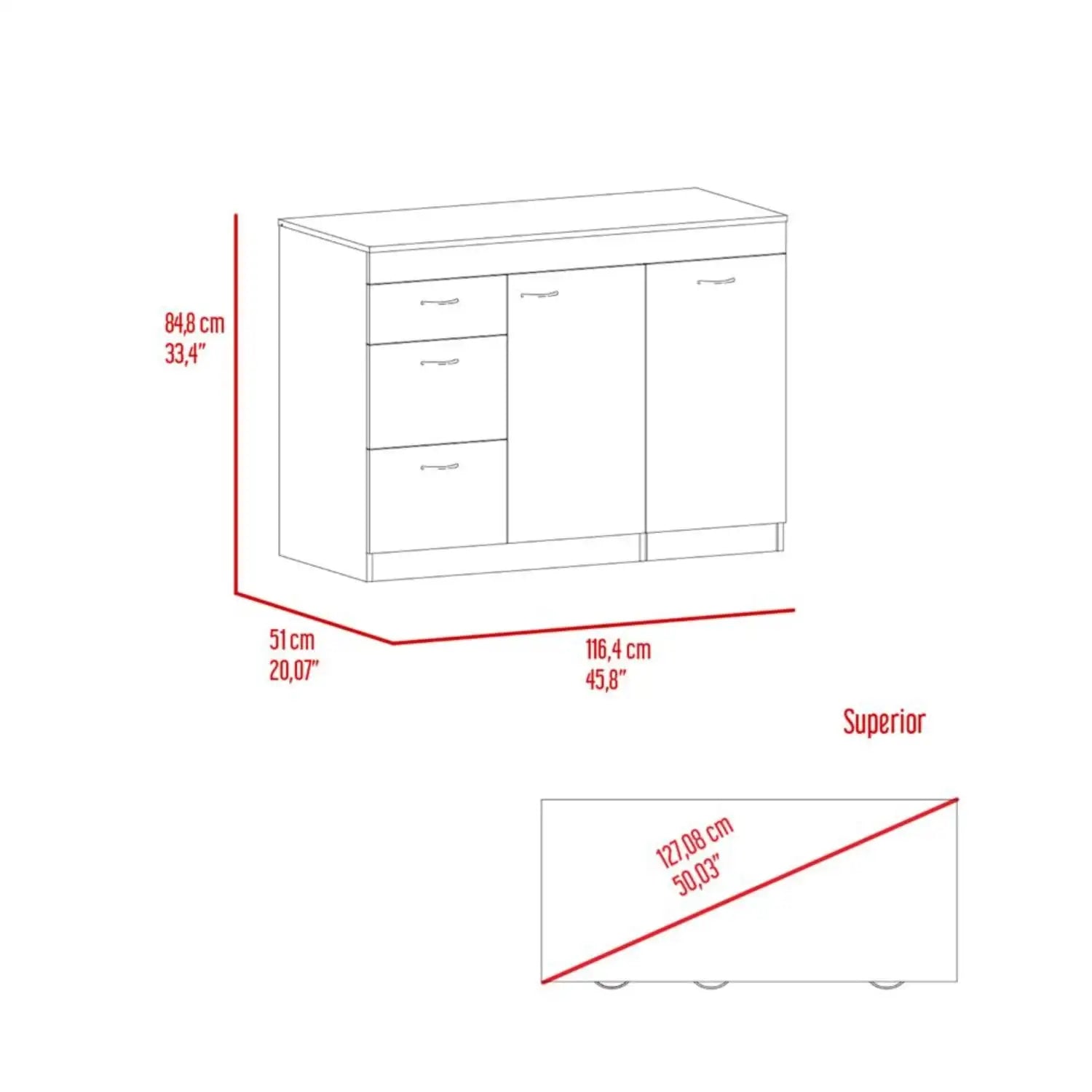 Kitchen Base Cabinet Three Drawers, White/Dark Walnut