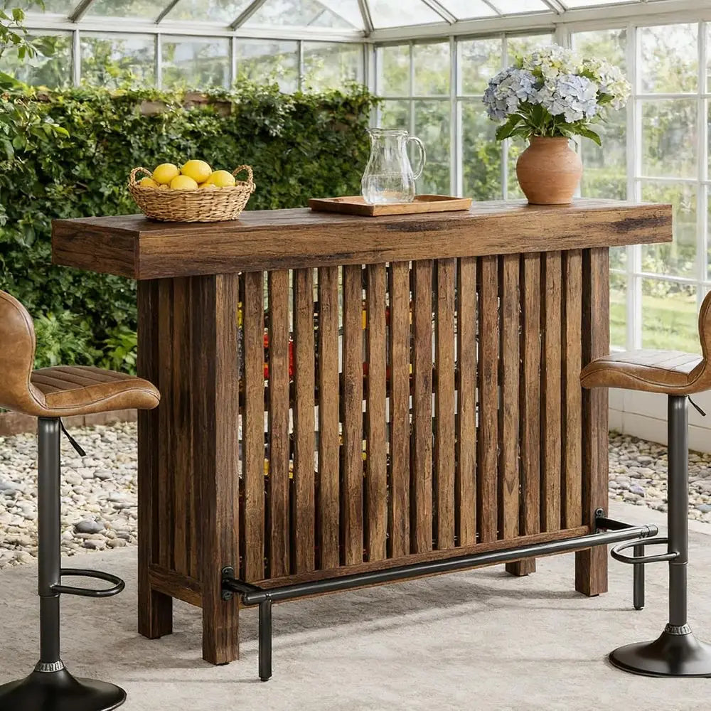 63" Rustic Brown Bar w/2-Tier Storage 42"H